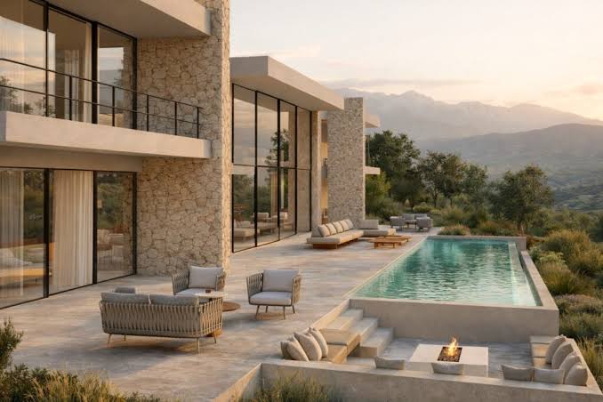 Stone terrace and pool of a luxury Greek villa at dusk